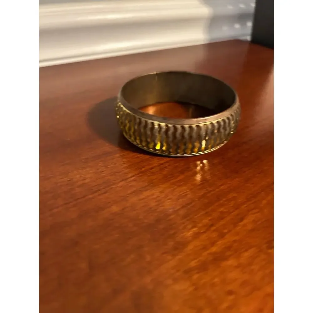 Vintage Gold Tone Brass Bangle Bracelet Wide 3 Inch Cut Out Zig Zag Stacking